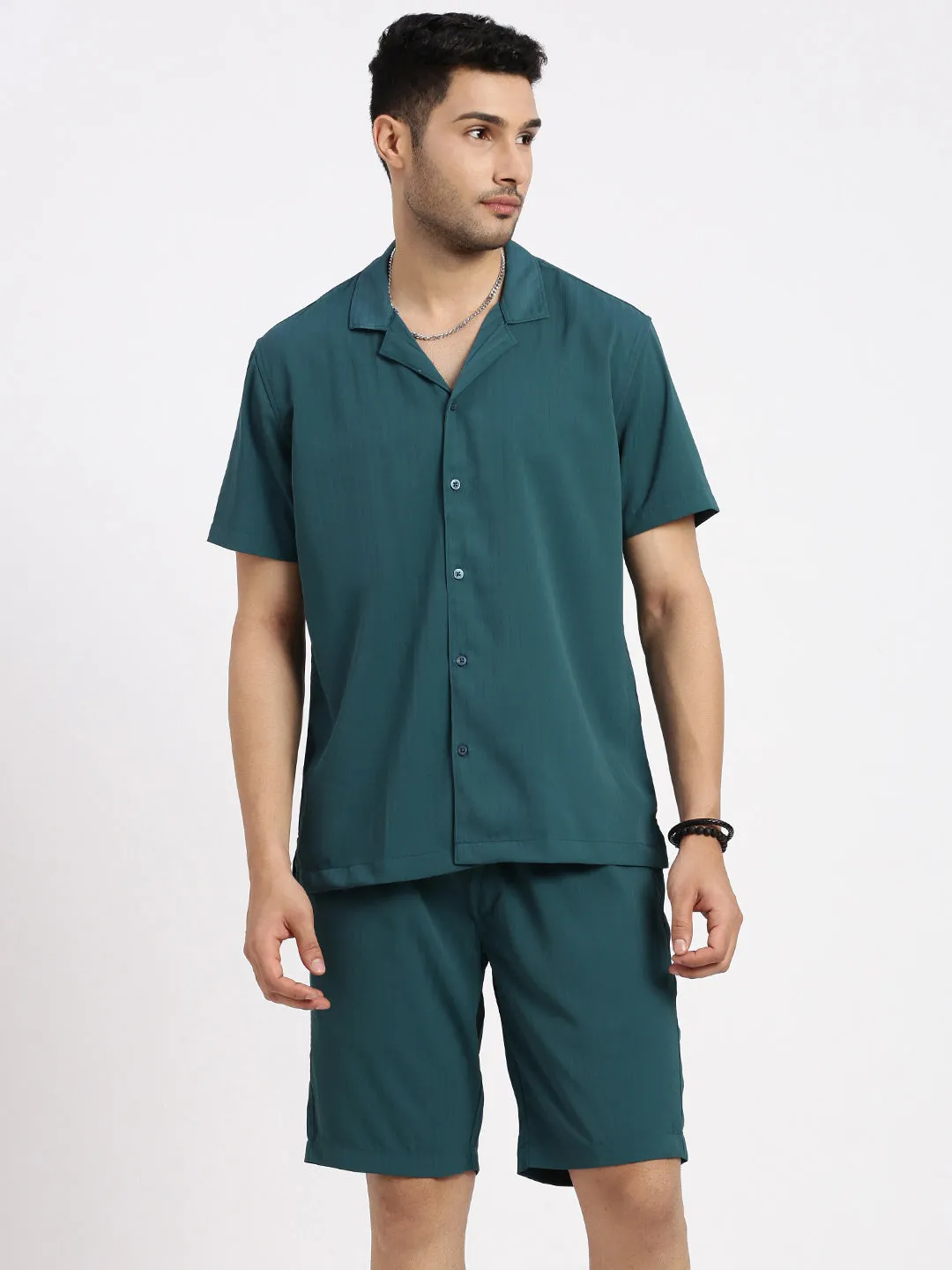 Men Teal Solid Co Ords Set